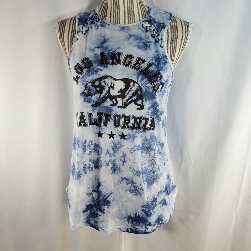 Freeze NWOT Blue White Tie Dye LA California Flag Bear Sleeveless Top Size Small